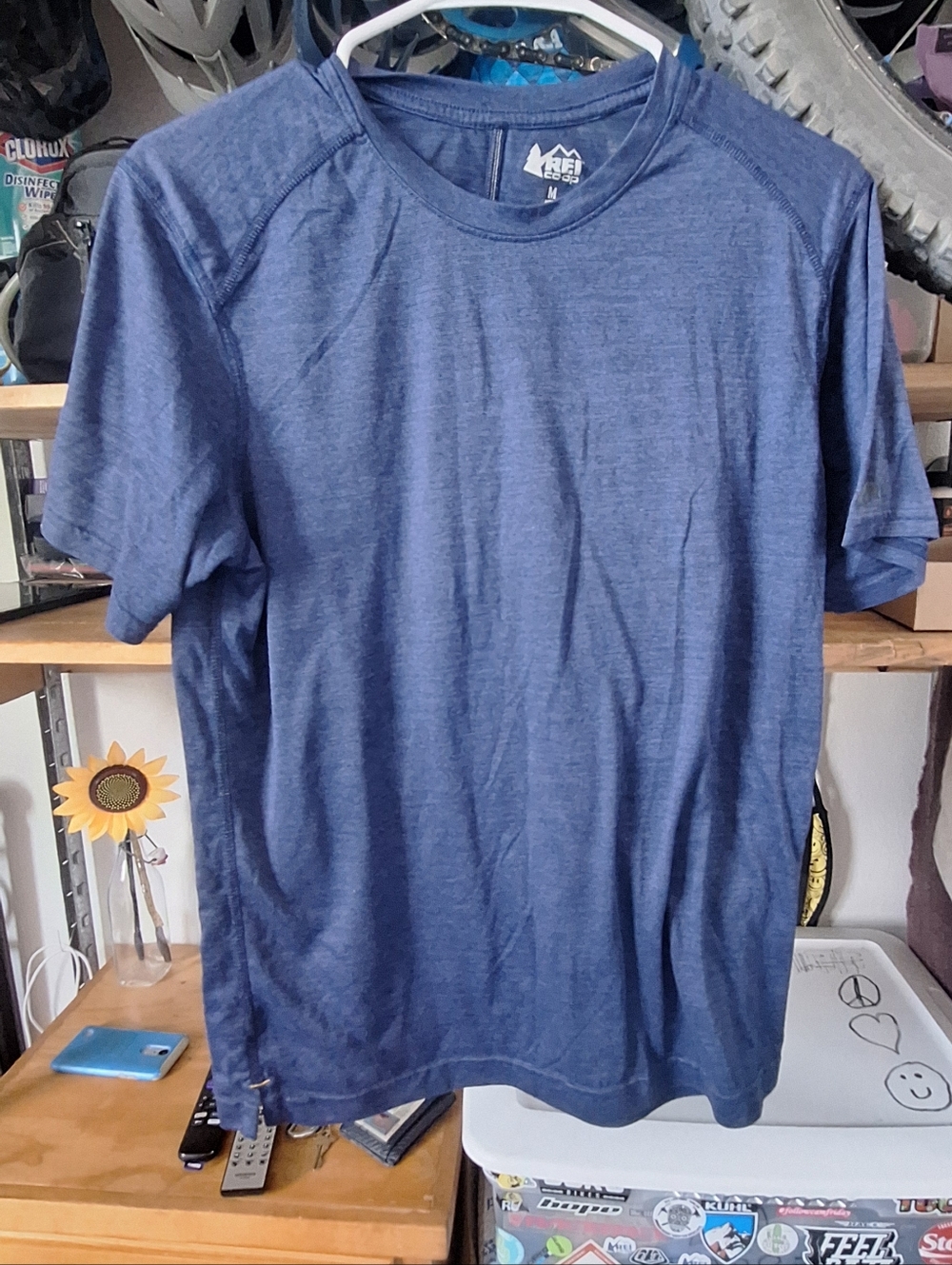 1 REI Men’s Heathered Navy and 1 green Short-Sleeve Crew Shirt
